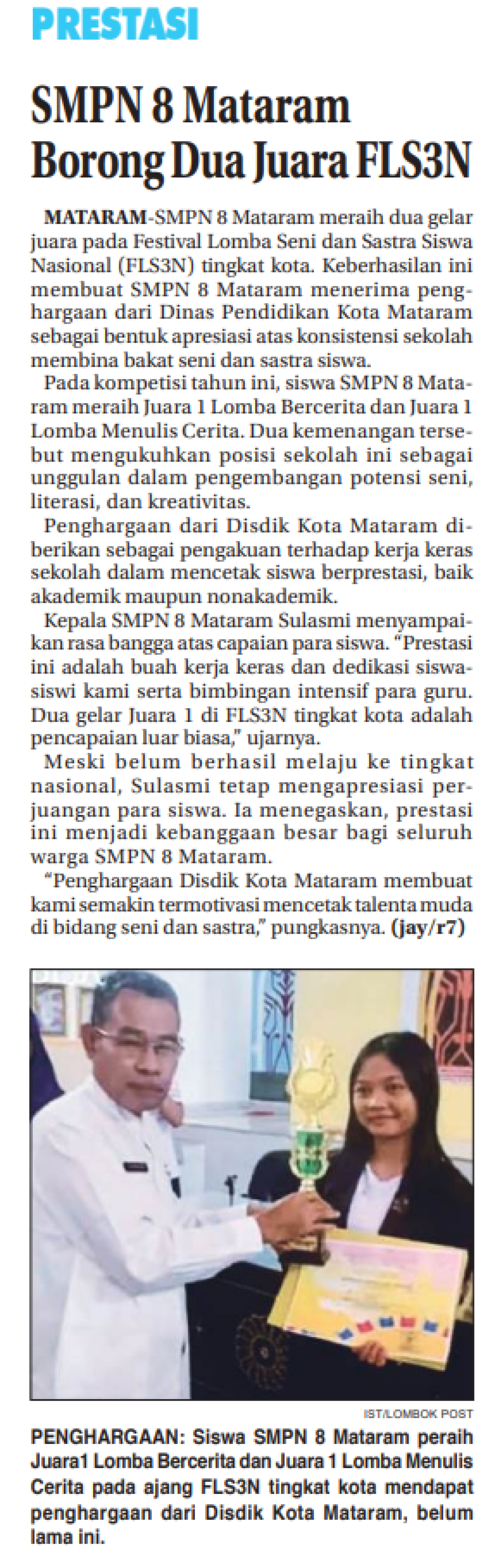 SMPN 8 Mataram Borong Dua Juara FLS3N