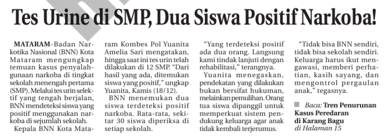 Tes Urine di SMP, Dua Siswa Positif Narkoba