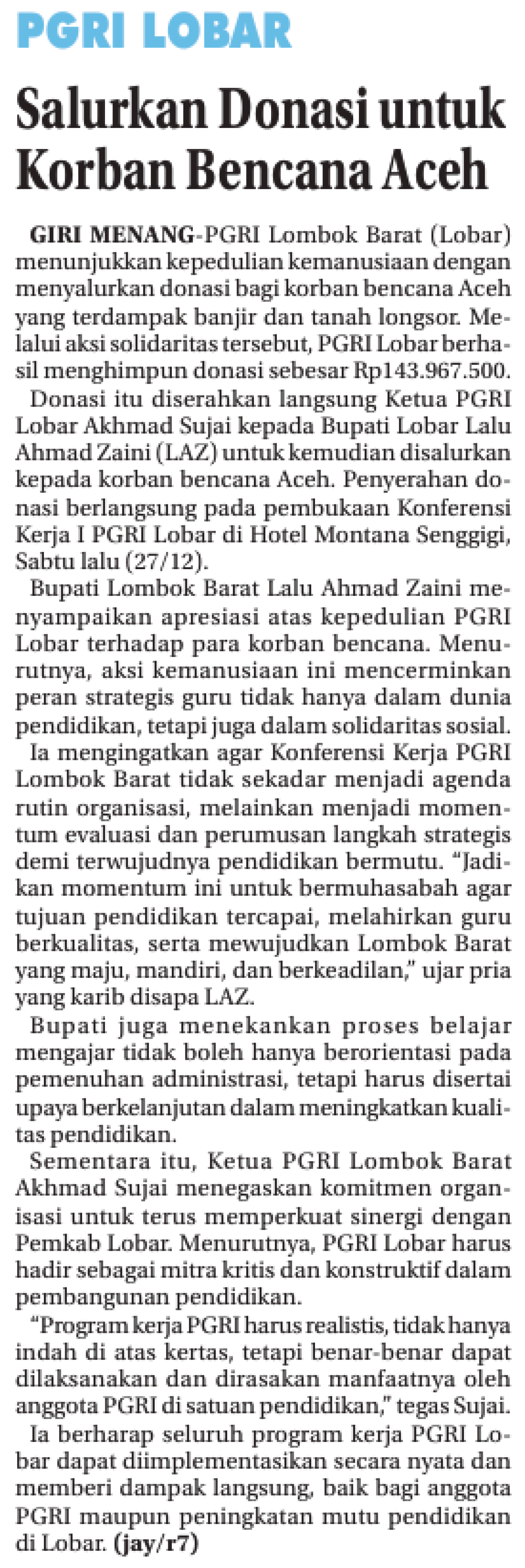Salurkan Donasi Untuk Korban Bencana Aceh