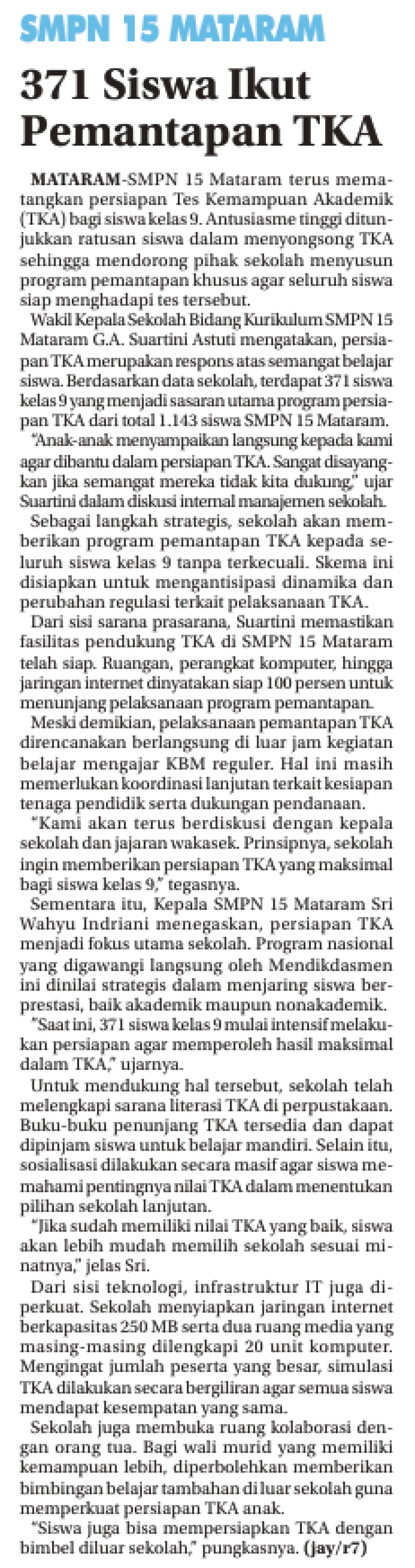 SMPN 15 Mataram, 371 Siswa Ikut Pemantapan TKA