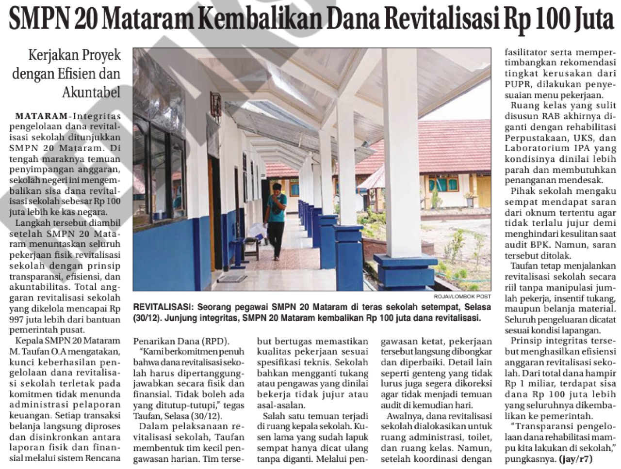 SMPN 20 Mataram Kembalikan Dana Revitalisasi Rp 100 Juta