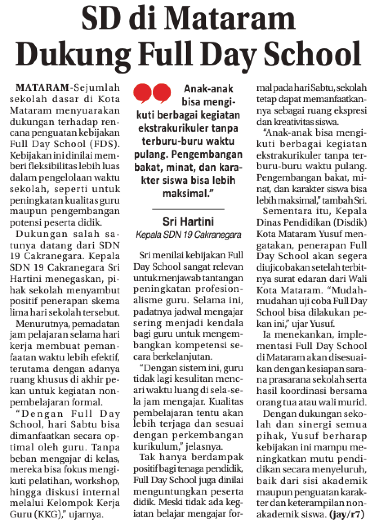SD di Mataram Dukung Full Day School