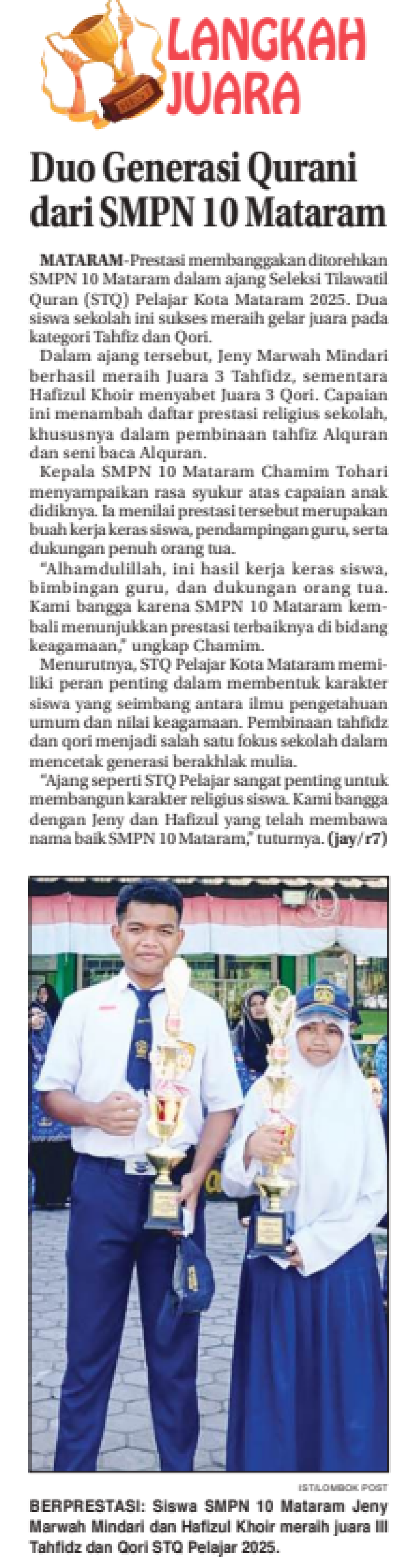 Duo Generasi Qurani dari SMPN 10 Mataram