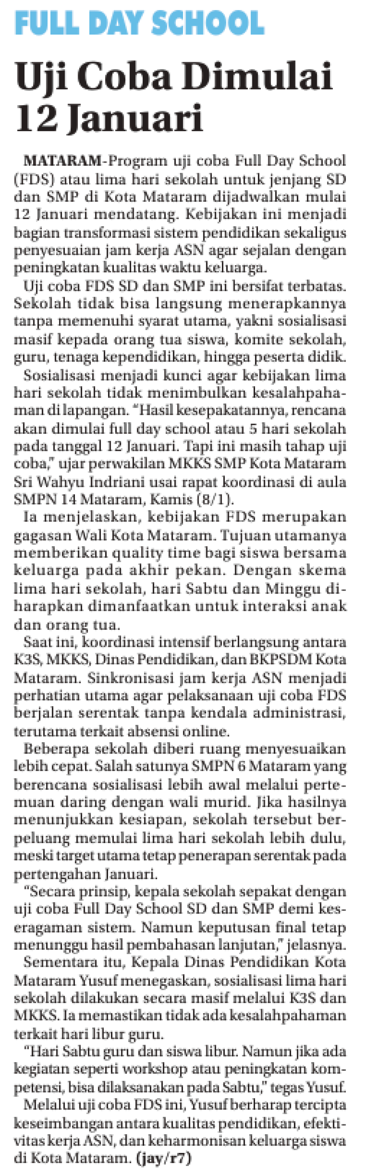 Uji Coba Dimulai 12 Januari