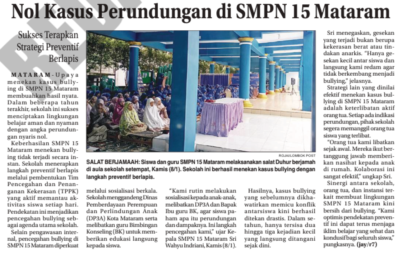 Nol Kasus Perundungan di SMPN 15 Mataram