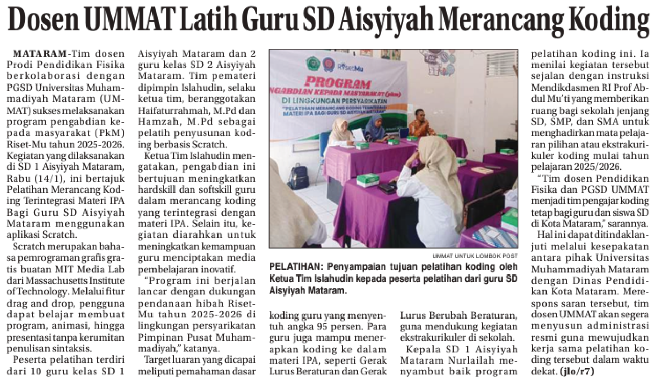 Dosen UMMAT Latih Guru SD Aisyiyah Merancang Koding