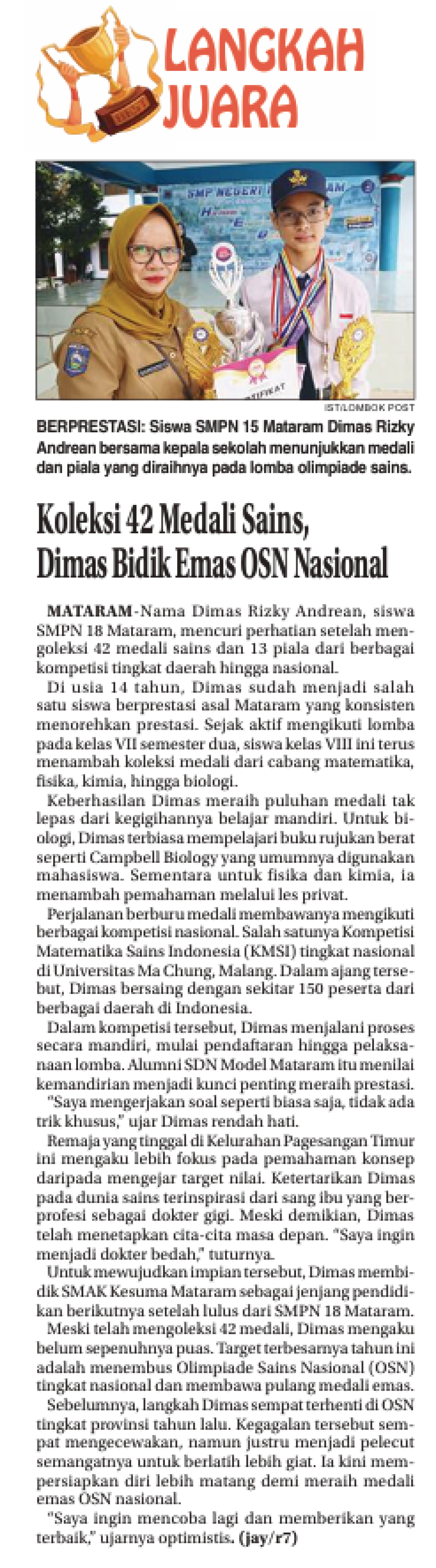 Koleksi 42 Medali Sains, Dimas Bidik Emas Osn Nasional