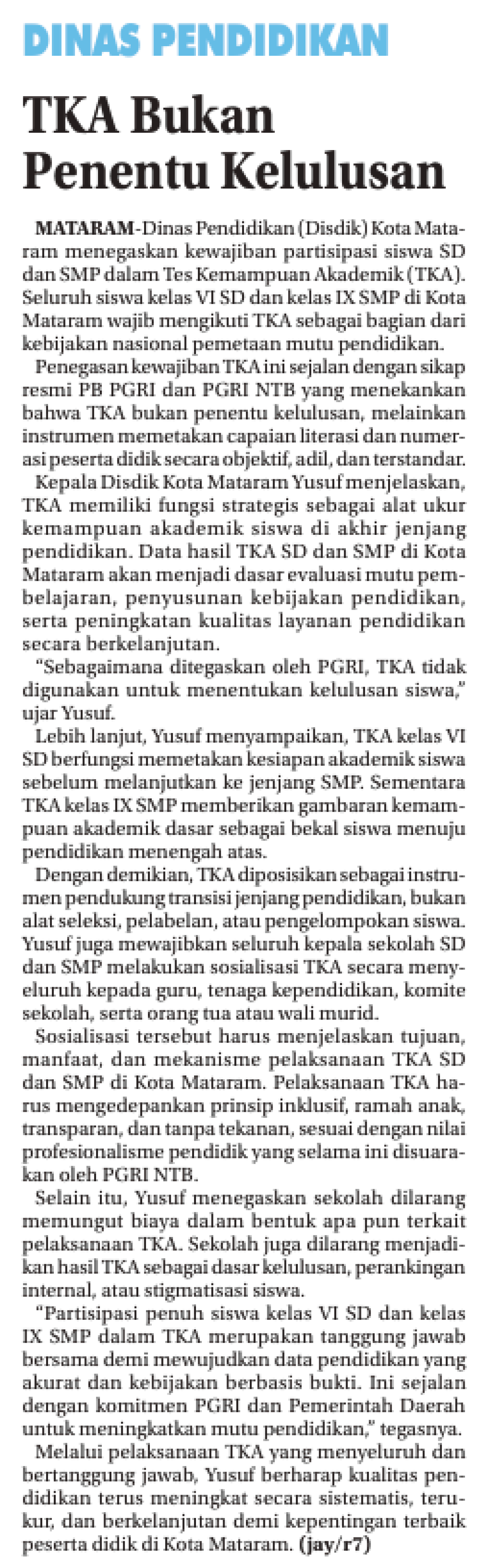 TKA Bukan Penentu Kelulusan