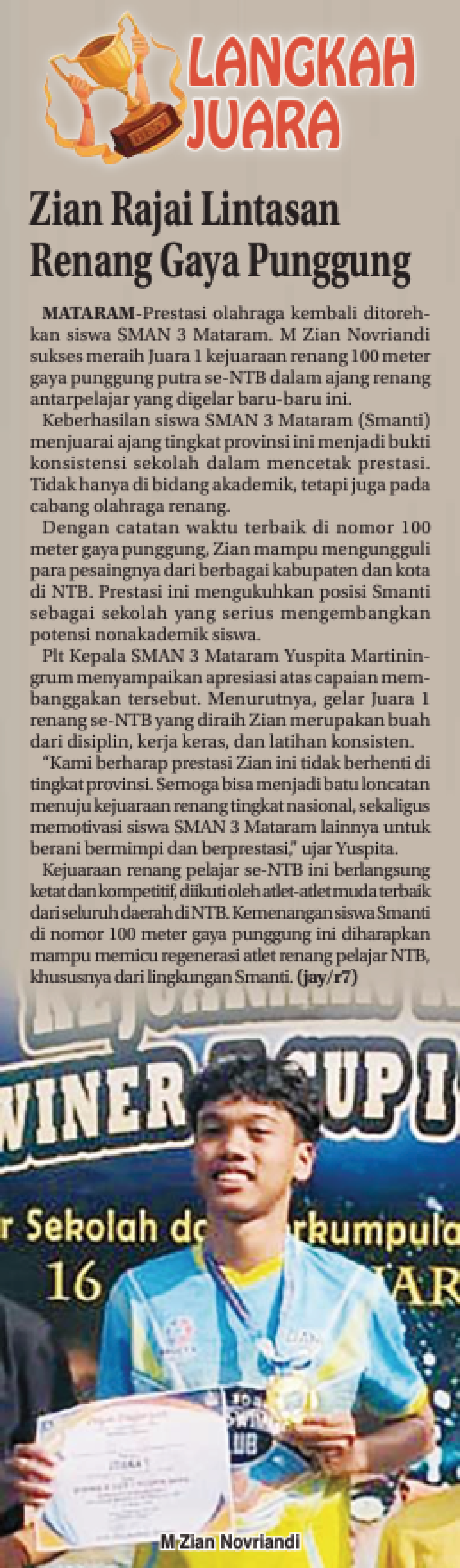 Zian Rajai Lintasan Renang Gaya Punggung