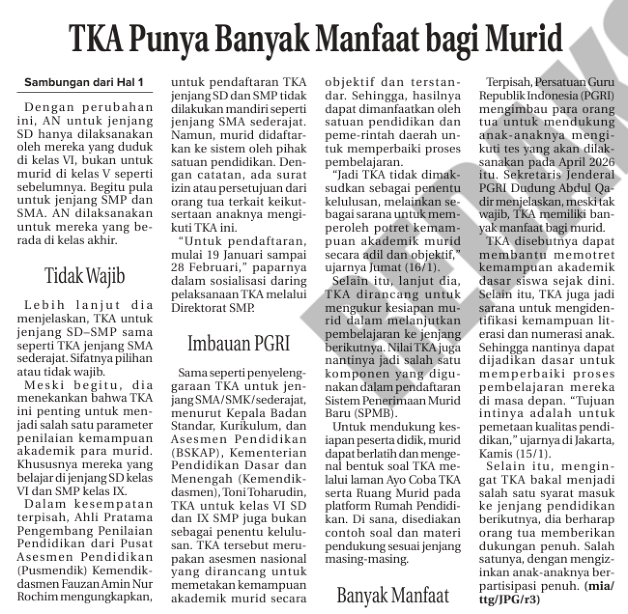 TKA Punya Banyak Manfaat bagi Murid