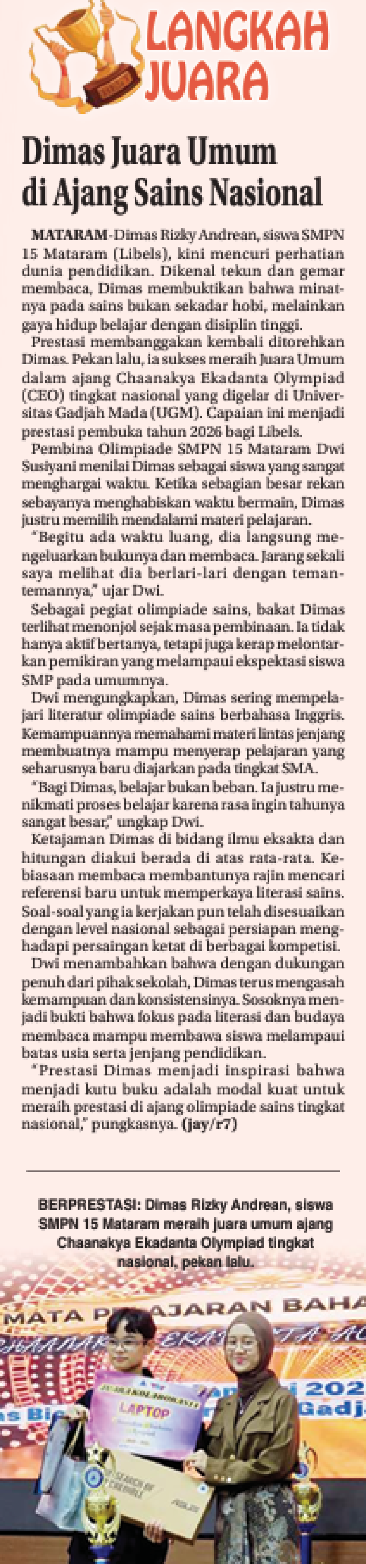 Dimas Juara Umum di Ajang Sains Nasional
