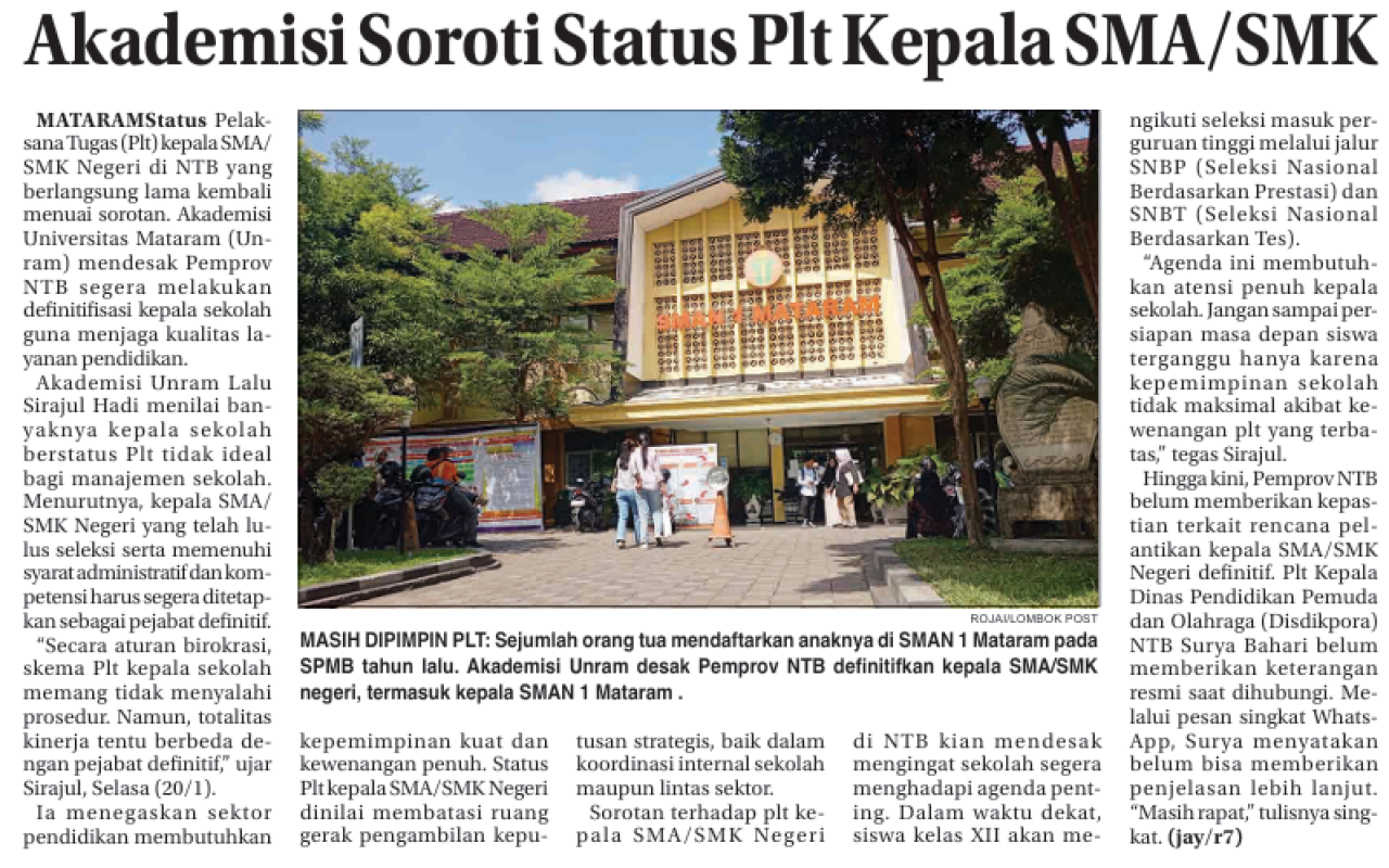 Akademisi Soroti Status Plt Kepala SMA/SMK
