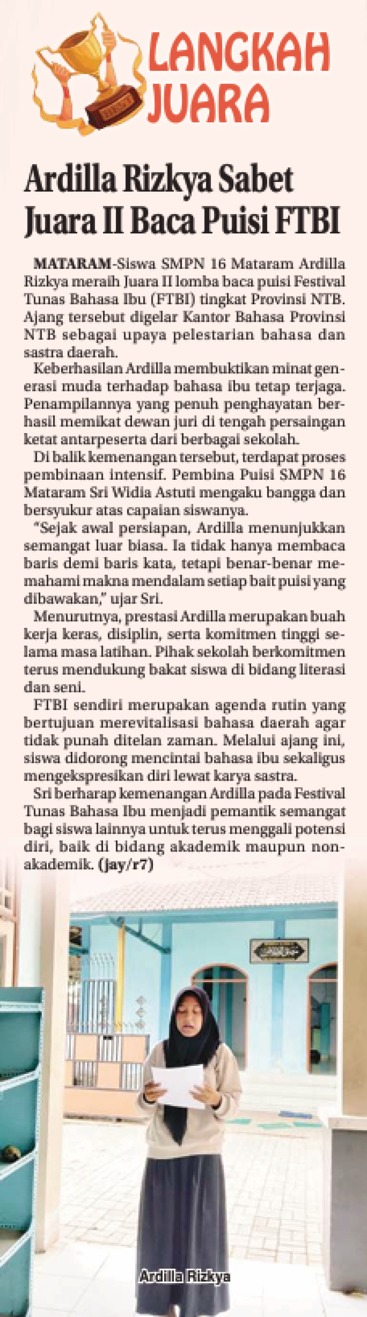 Ardilla Rizkya Sabet Juara II Baca Puisi FTBI