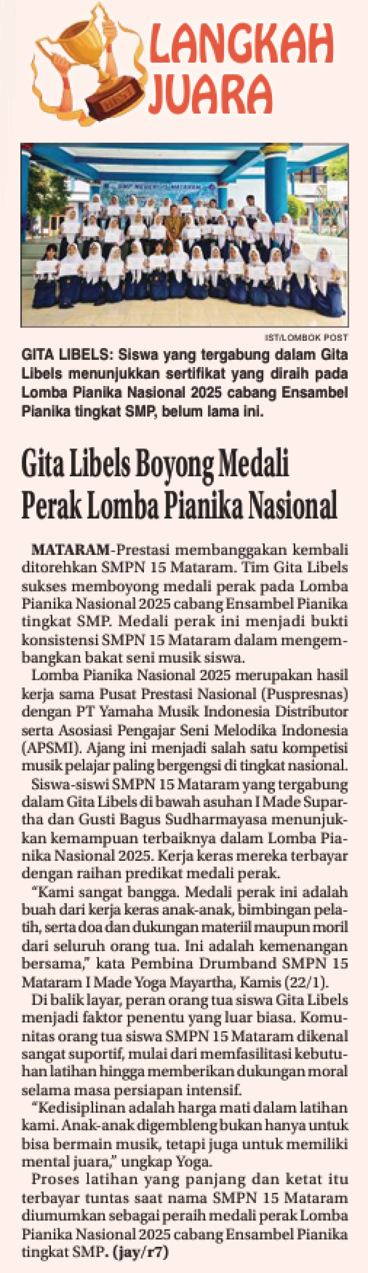 Gita Libels Boyong Perak Lomba Pianika Nasional