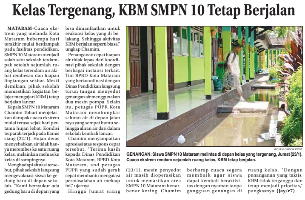 Kelas Tergenang, KBM SMPN 10 Tetap Berjalan