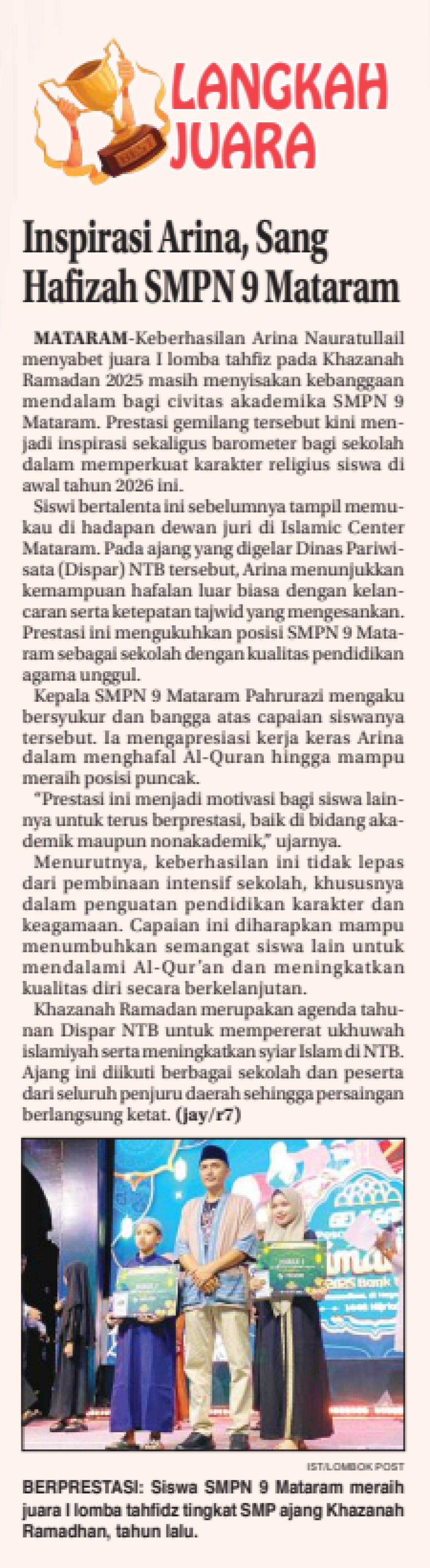 Inspirasi Arina, Sang Hafizah SMPN 9 Mataram