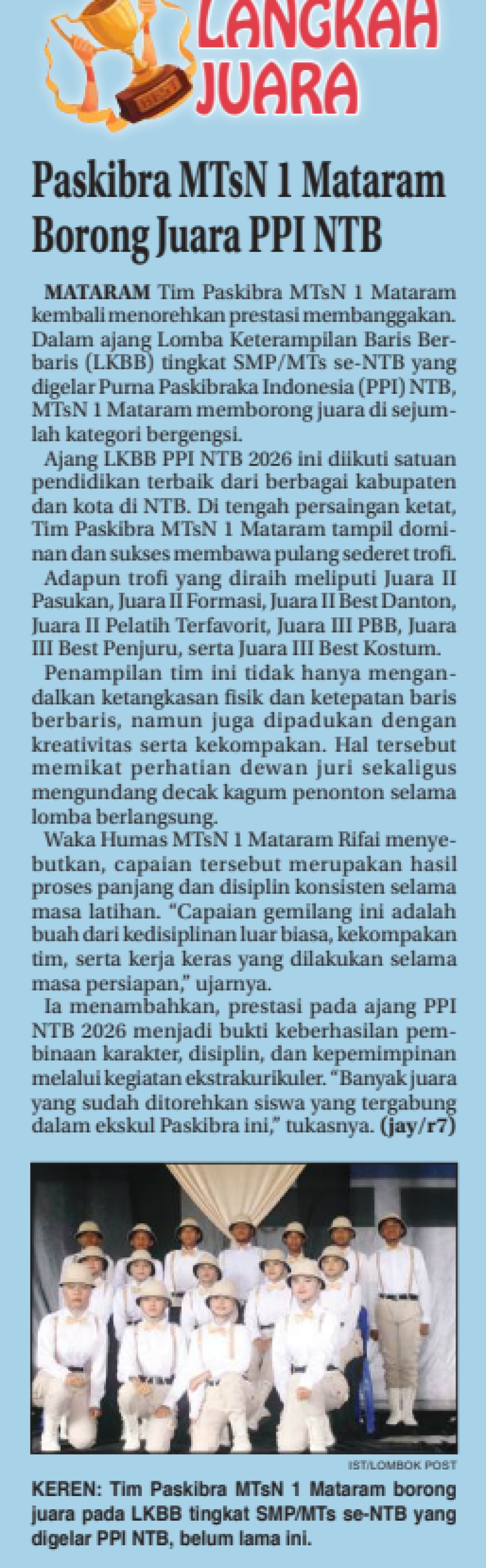Paskibra MTsN 1 Mataram Borong Juara PPI NTB