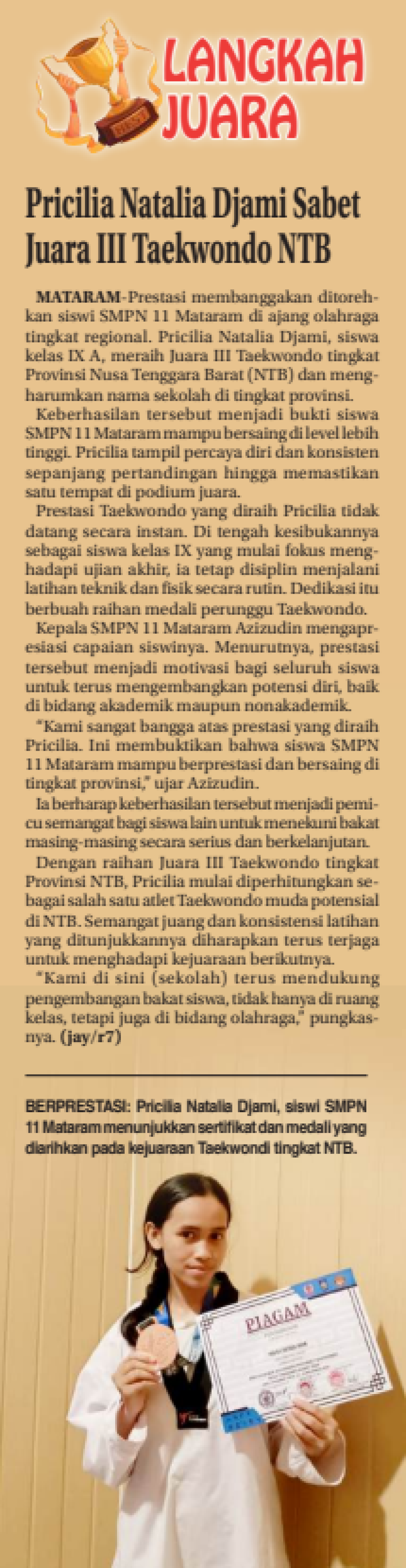 Pricillia Natalia Djami Sabet Juara III Taekwondo