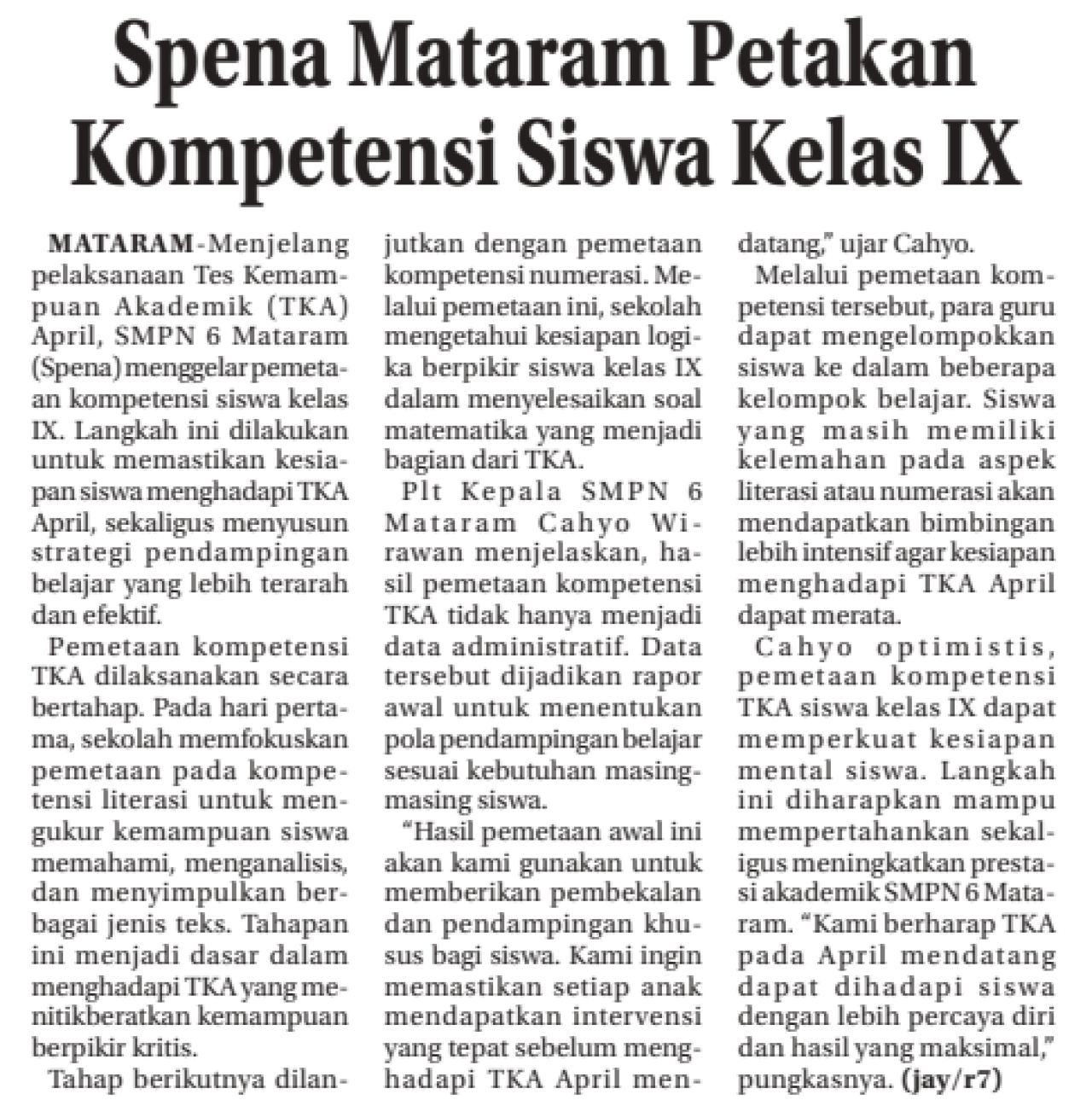 Spena Mataram Petakan Kompetensi Siswa Kelas IX