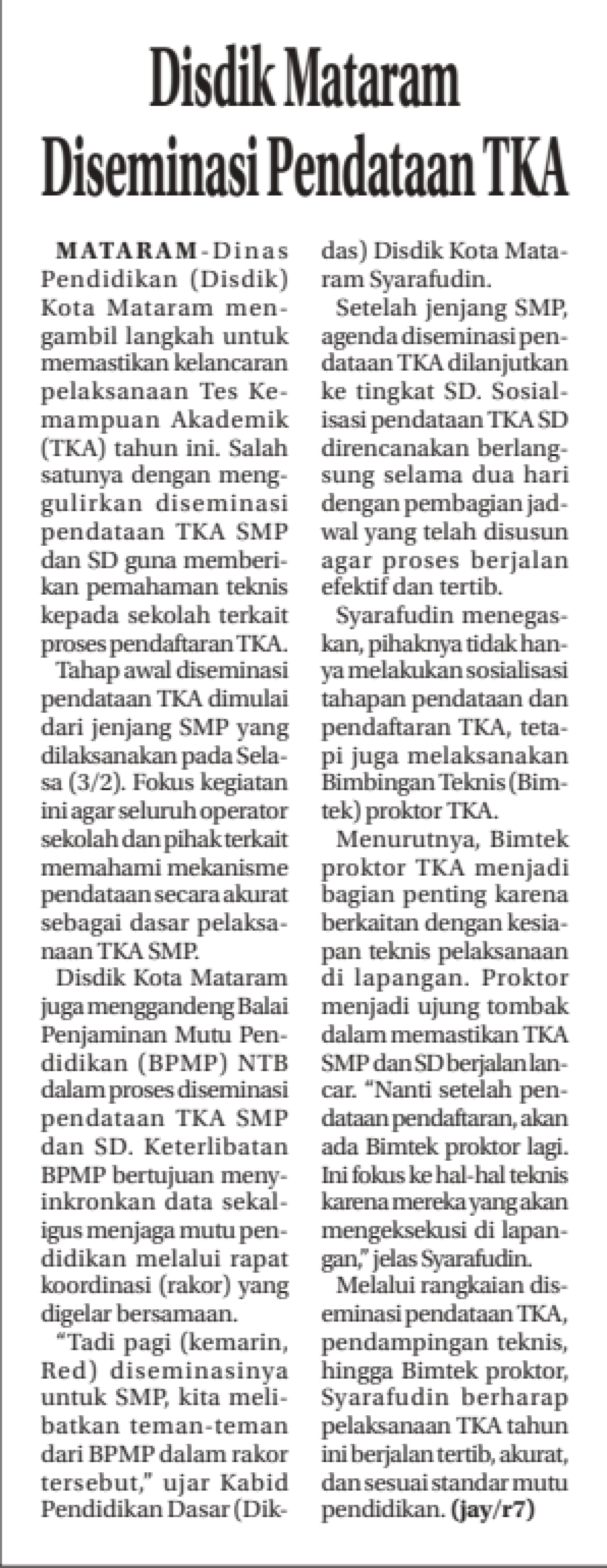 Disdik Mataram Diseminasi Pendataan TKA