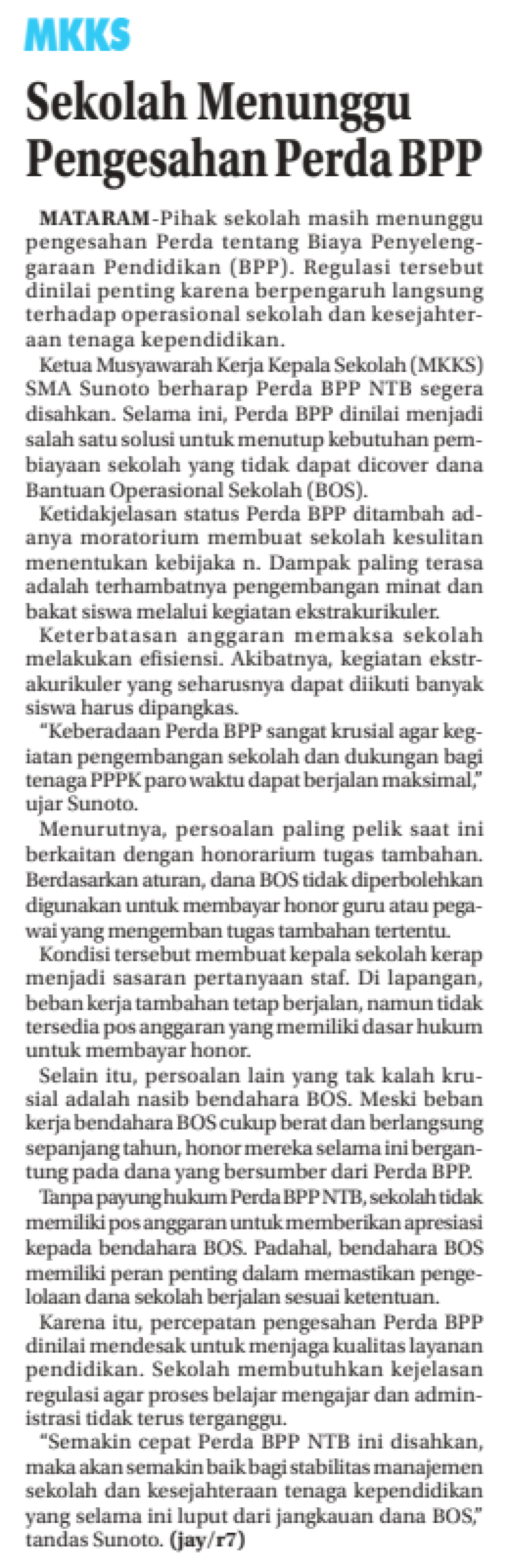 Sekolah Menunggu Pengesahan Perda BPP