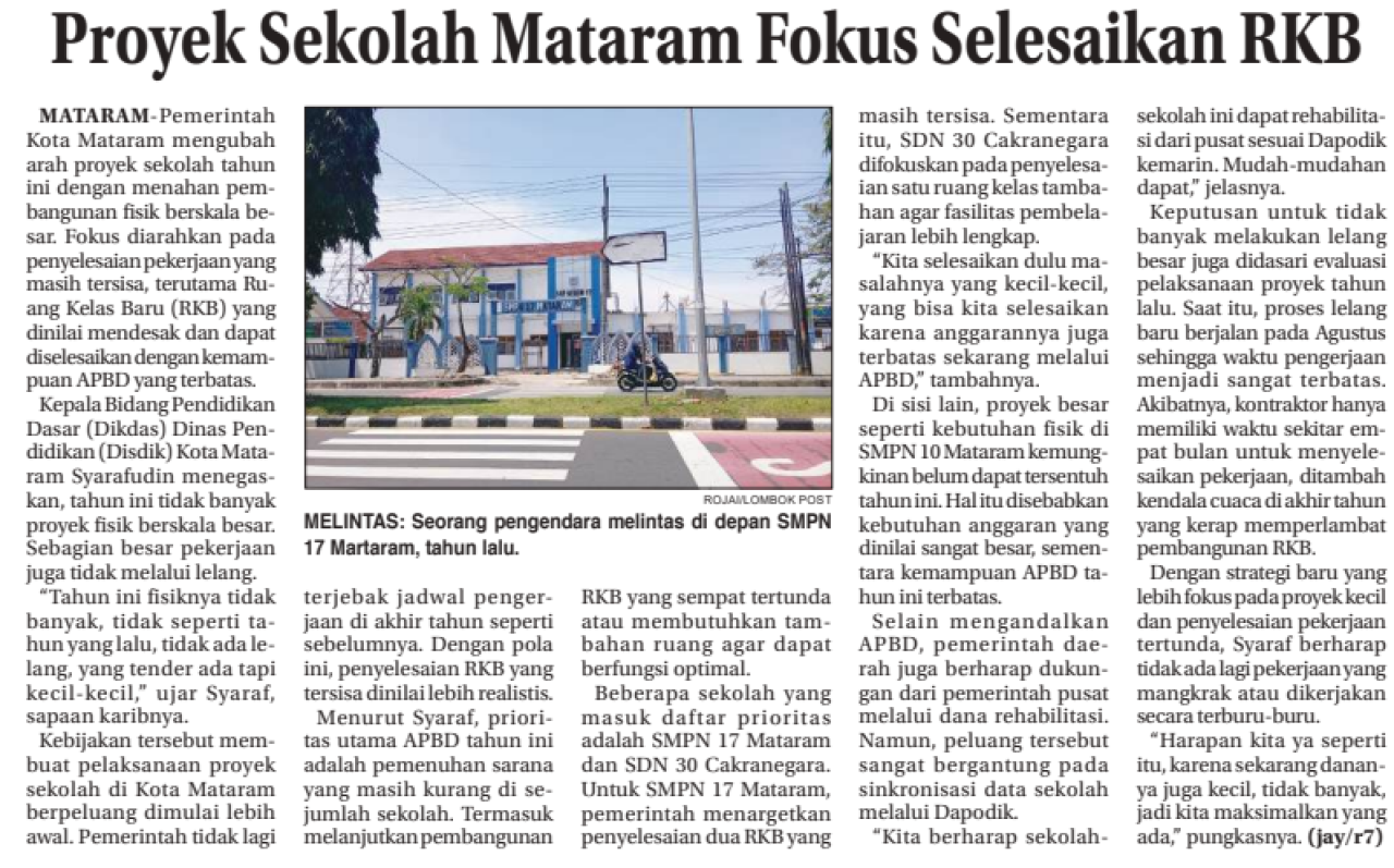 Proyek Sekolah Mataram Fokus Selesaikan RKB