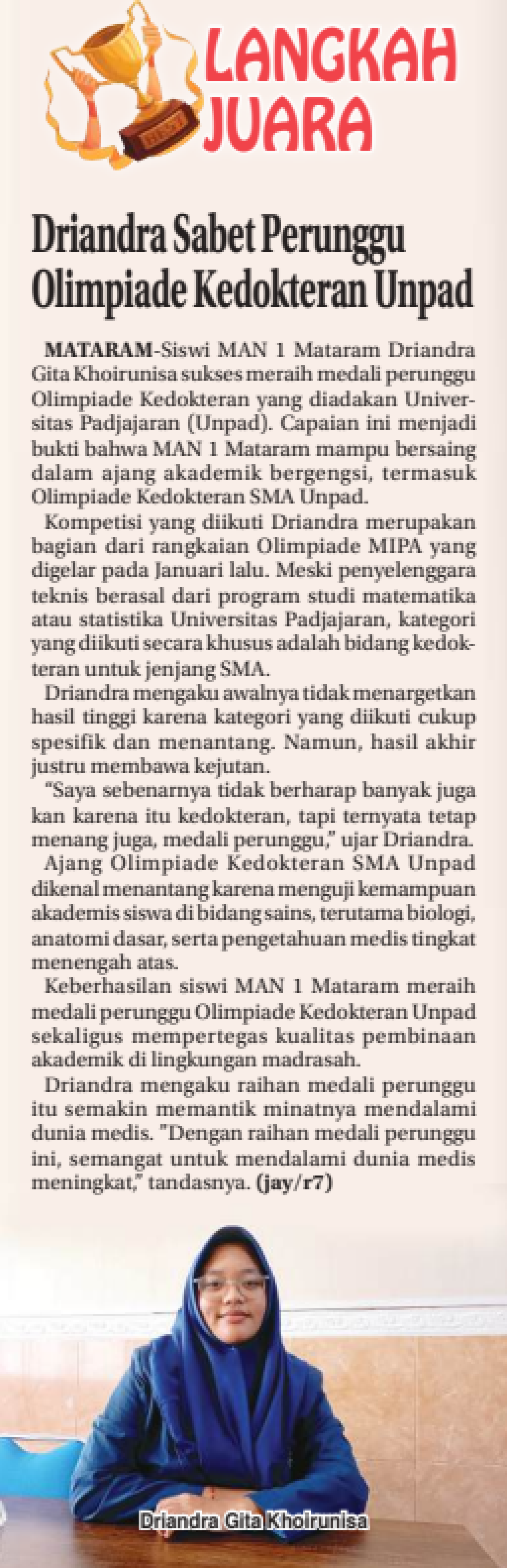 Driandra Sabet Perunggu Olimpiade Kedokteran Unpad