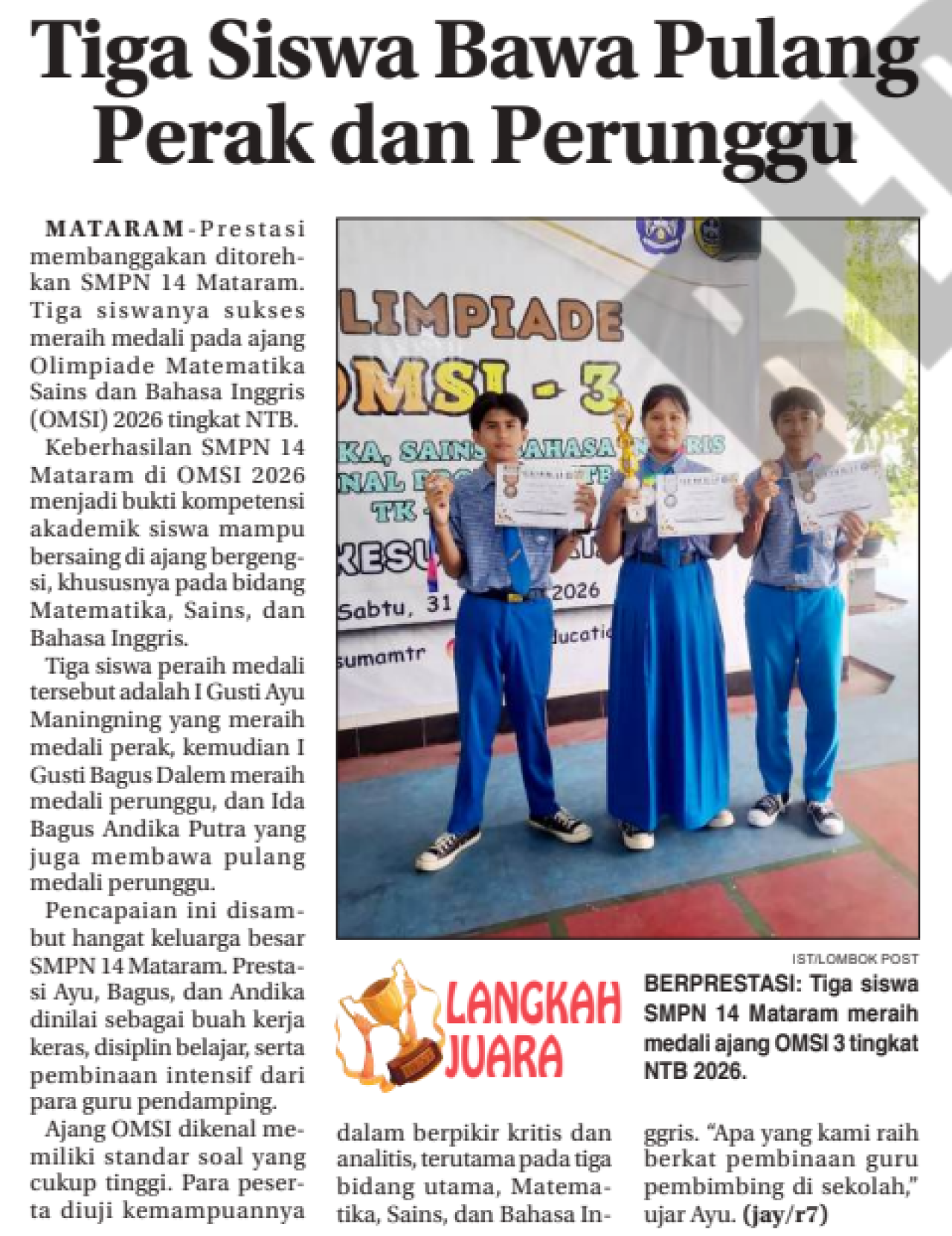 Tiga Siswa Bawa Pulang Perak dan Perunggu