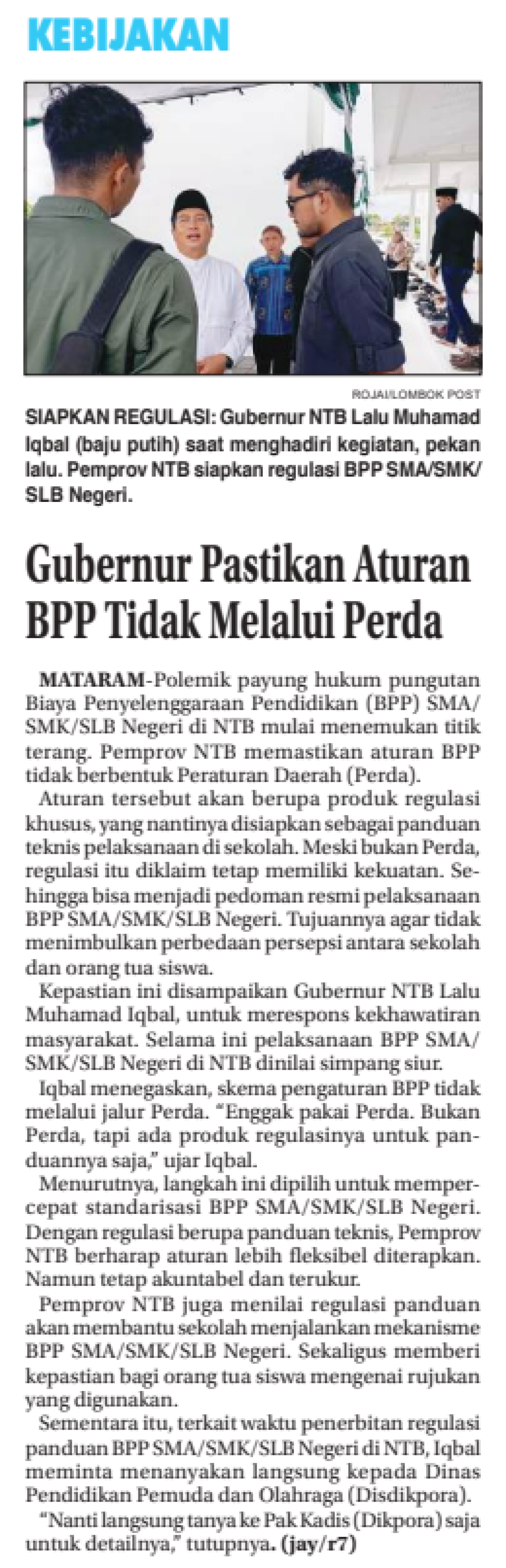 Gubernur Pastikan Aturan BPP Tidak Melalui Perda