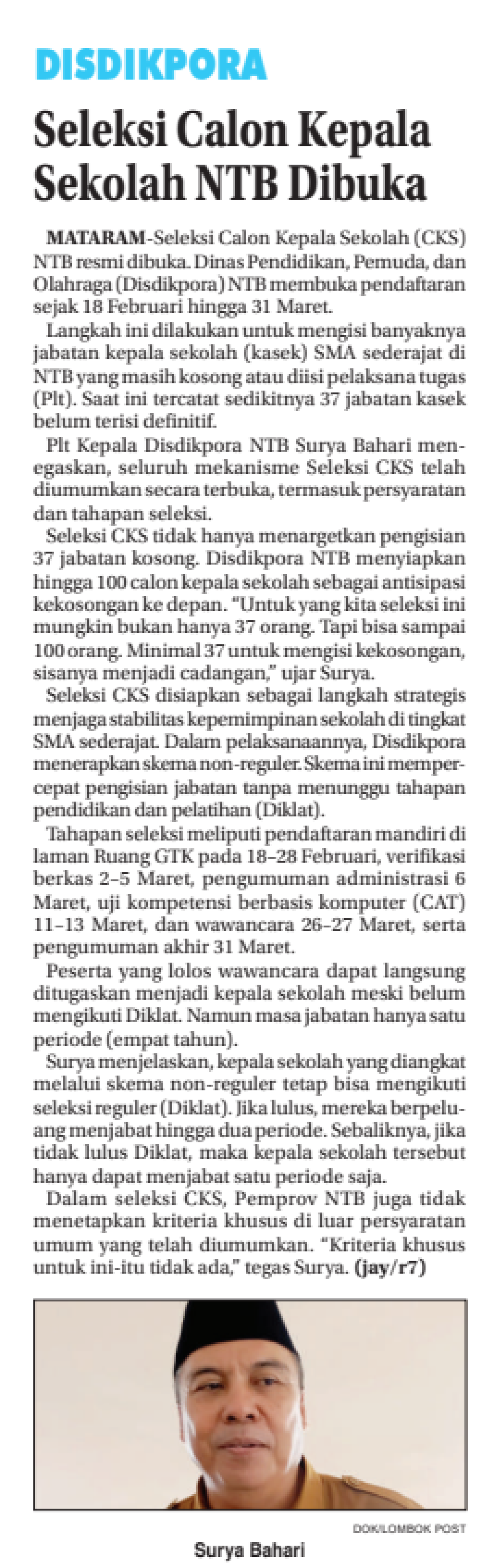 Seleksi Calon Kepala Sekolah NTB Dibuka