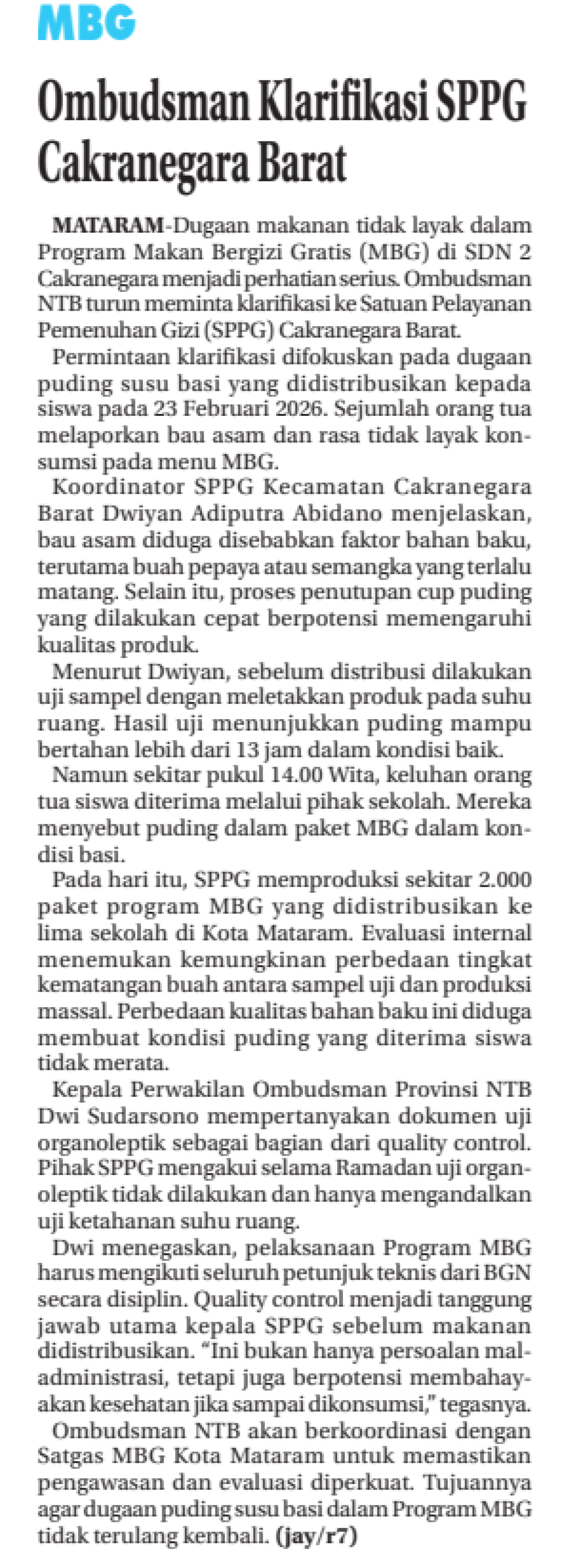 Ombudsman Klarifikasi SPPG Cakranegara Barat