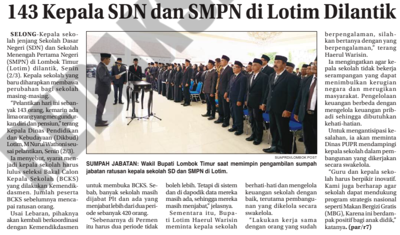 143 Kepala SDN dan SMPN di Lotim Dilantik