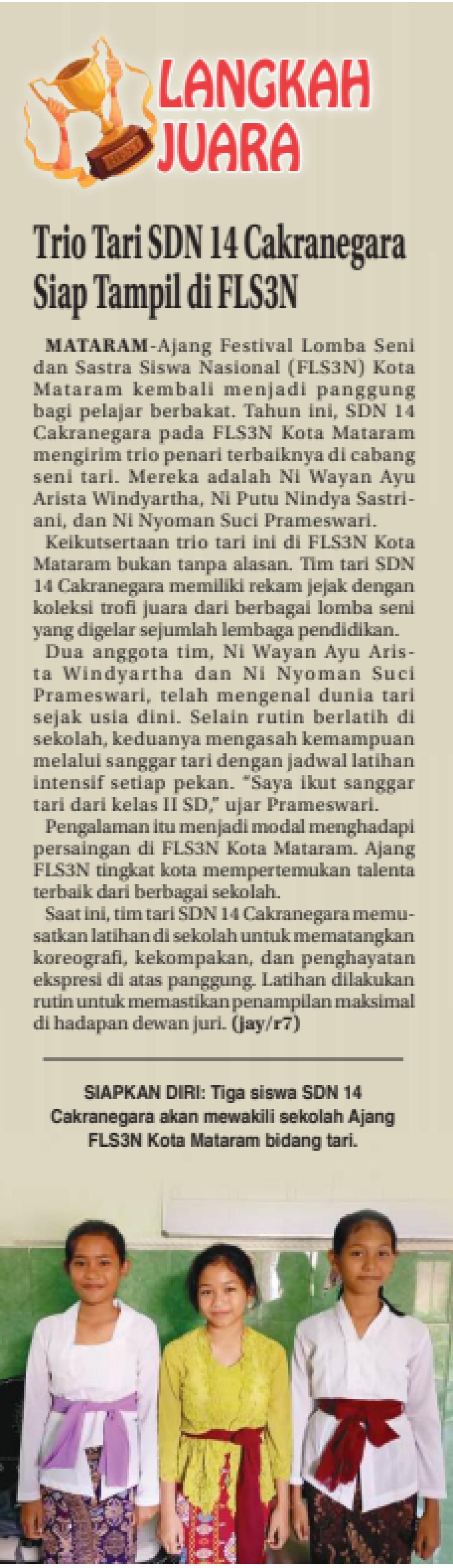 Trio Tari SDN 14 Cakranegara Siap Tampil di FLS3N