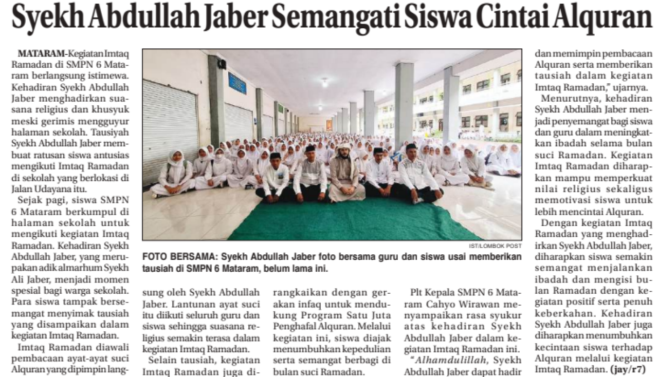 Syekh Abdullah Jaber Semangati Siswa Cintai Alquran