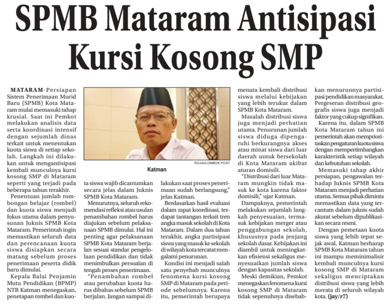 SPMB Mataram Antisipasi Kursi Kosong SMP