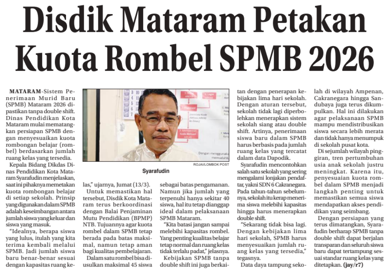 Disdik Mataram Petakan Kuota Rombel SPMB 2026
