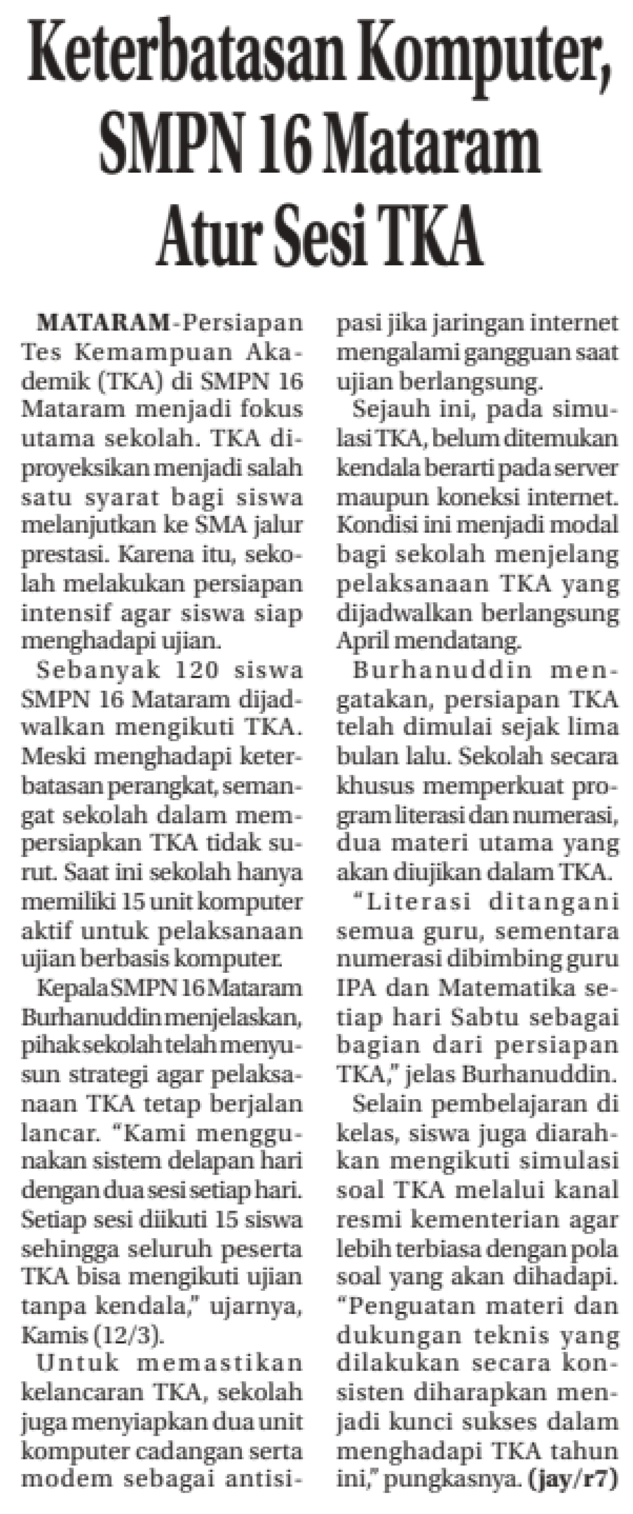 Keterbatasan Komputer, SMPN 16 Mataram Atur Sesi TKA
