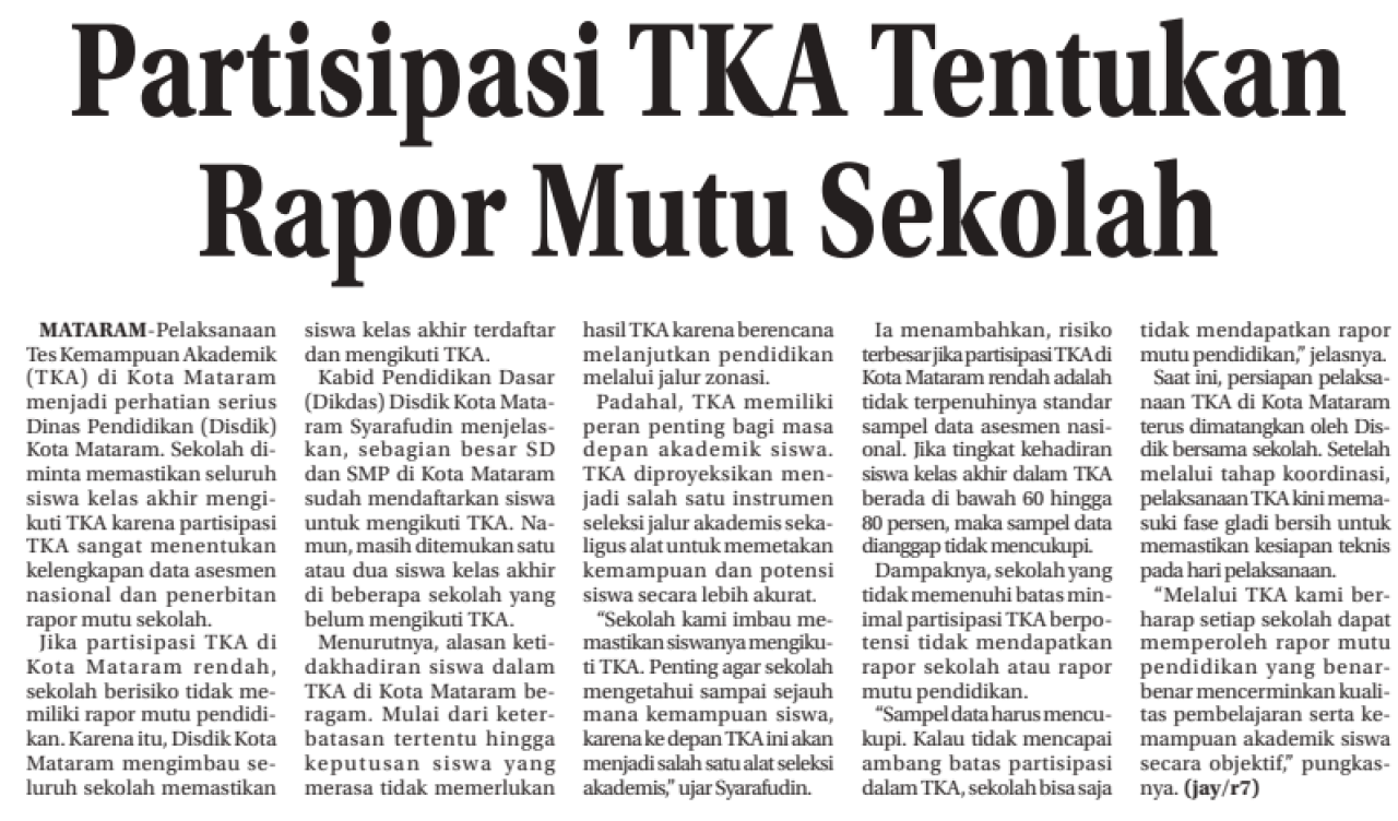 Partisipasi TKA Tentukan Rapor Mutu Sekolah