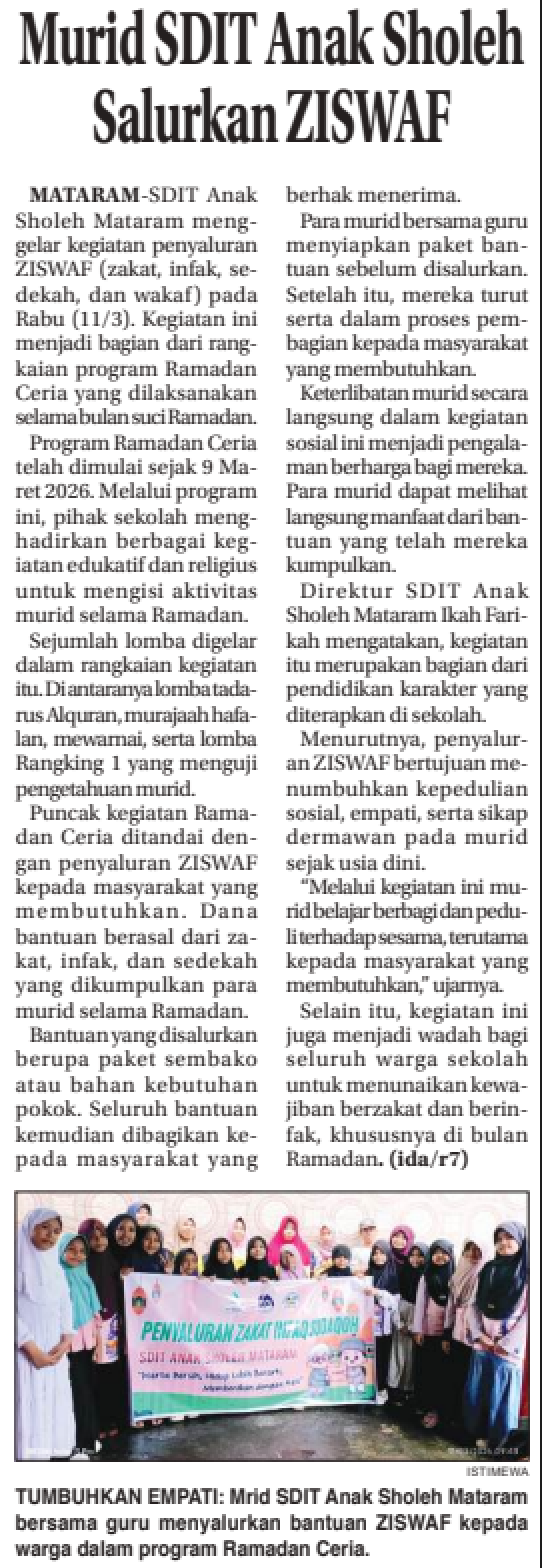 Murid SDIT Anak Sholeh Salurkan ZISWAF