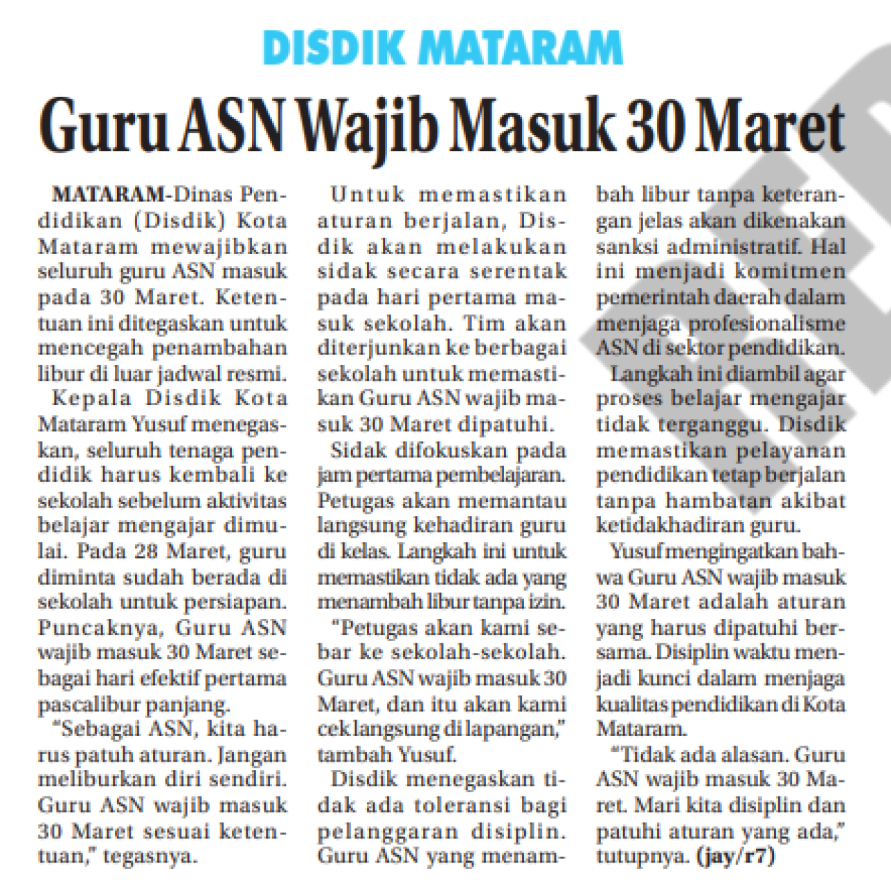 Guru ASN Wajib Masuk 30 Maret
