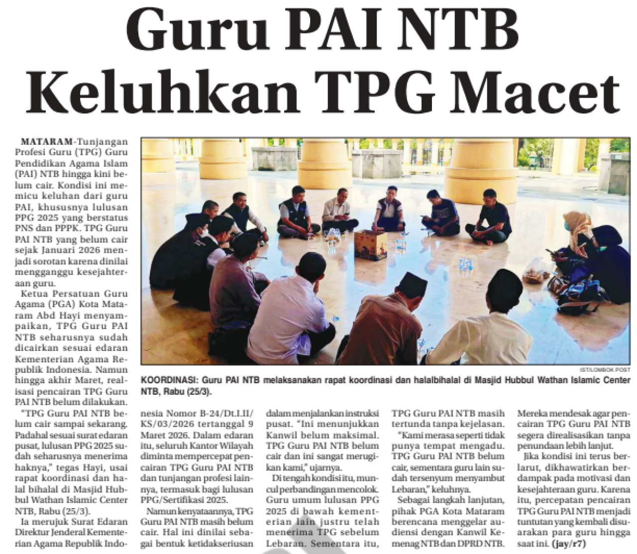 Guru PAI NTB Keluhkan TPG Macet