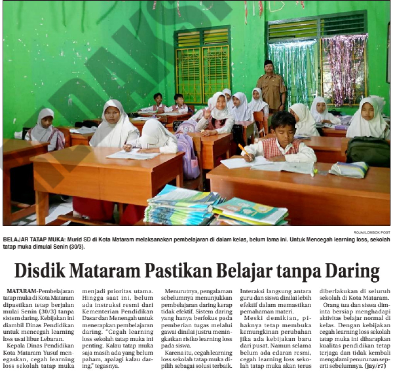 Disdik Mataram Pastikan Belajar Tanpa Daring