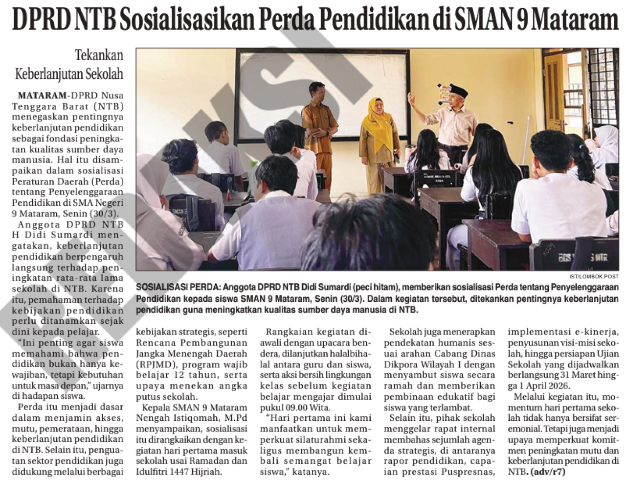DPRD Sosialisasikan Perda Pendidikan di SMAN 9 Mataram