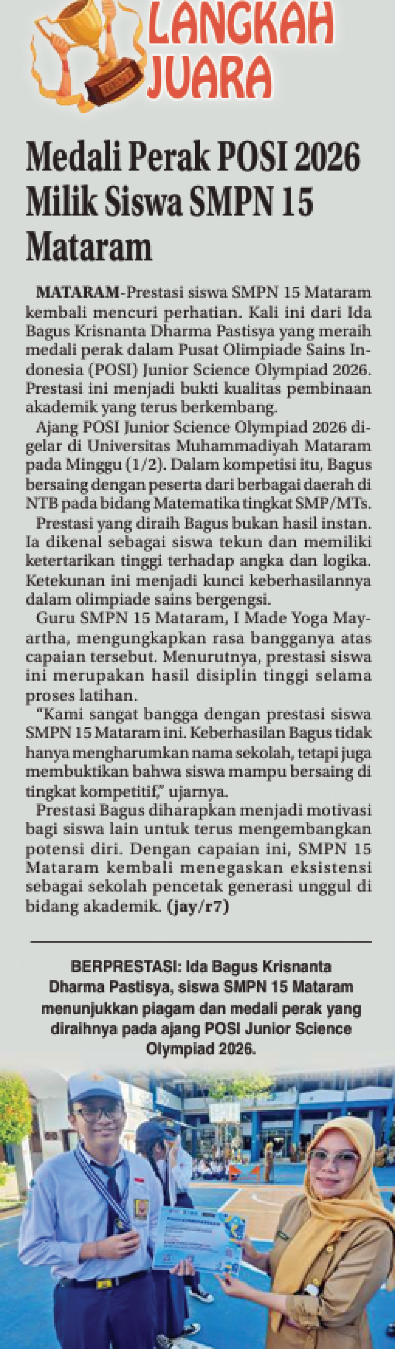 Medali Perak POSI 2026 Milik Siswa SMPN 15 Mataram