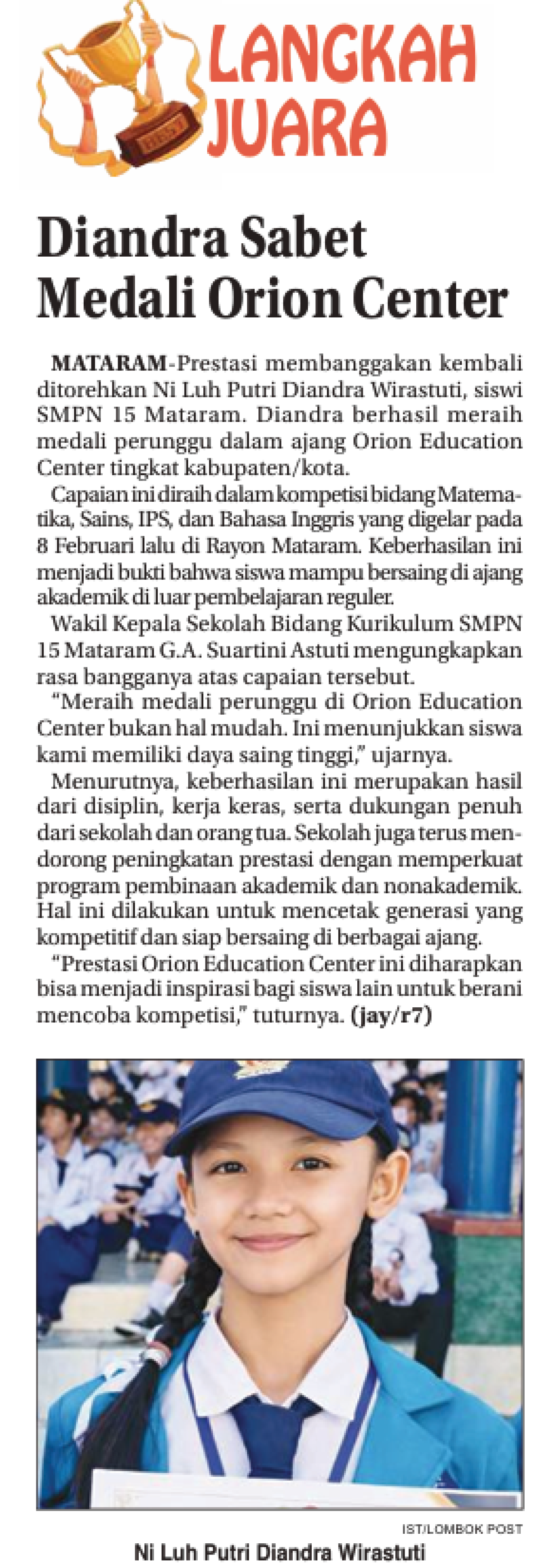 Diandra Sabet Medali Orion Center