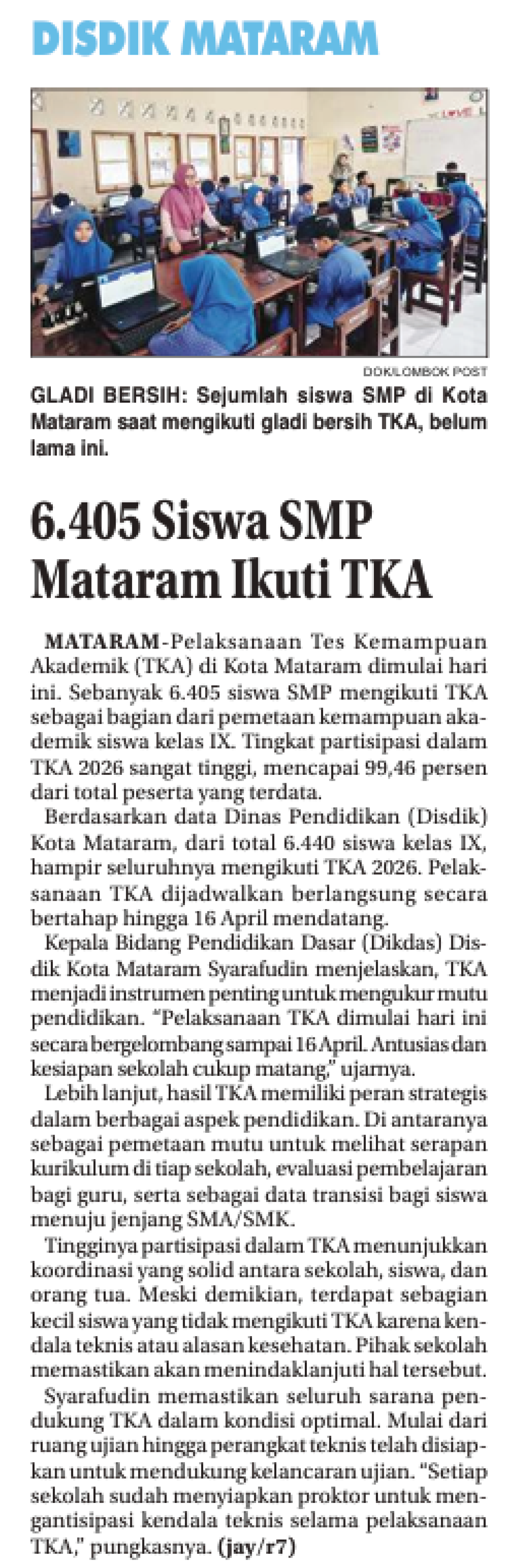6.405 Siswa SMP Mataram Ikuti TKA