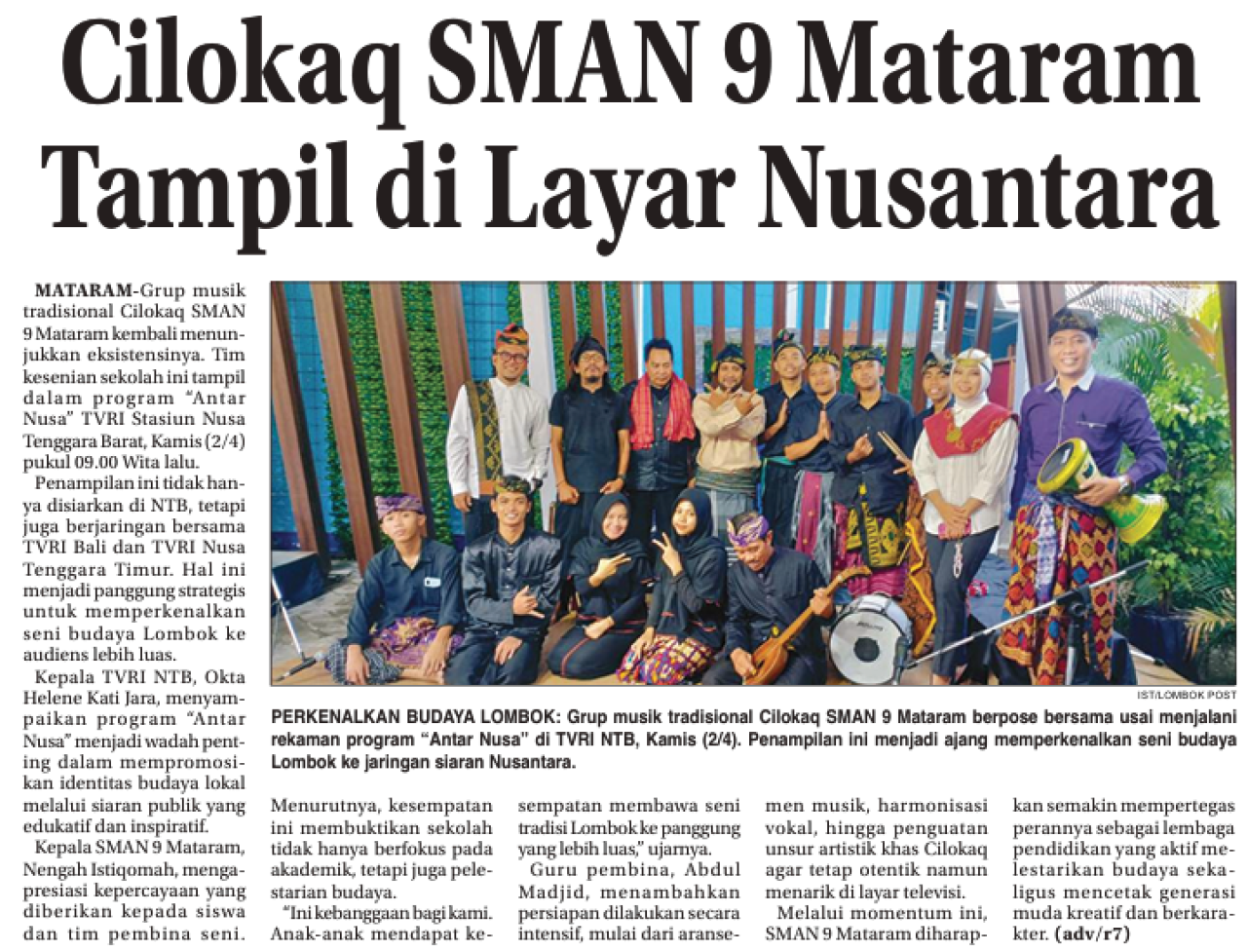 Cilokaq SMAN 9 Mataram Tampil di Layar Nusantara