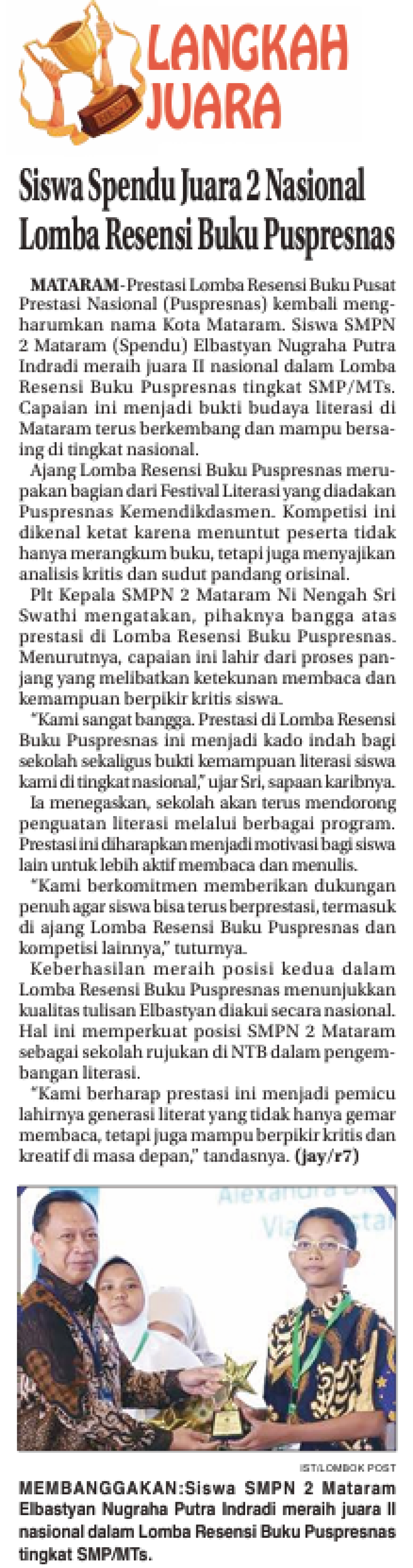 Siswa Spendu Juara 2 Nasional Lomba Resensi Buku Puspresnas