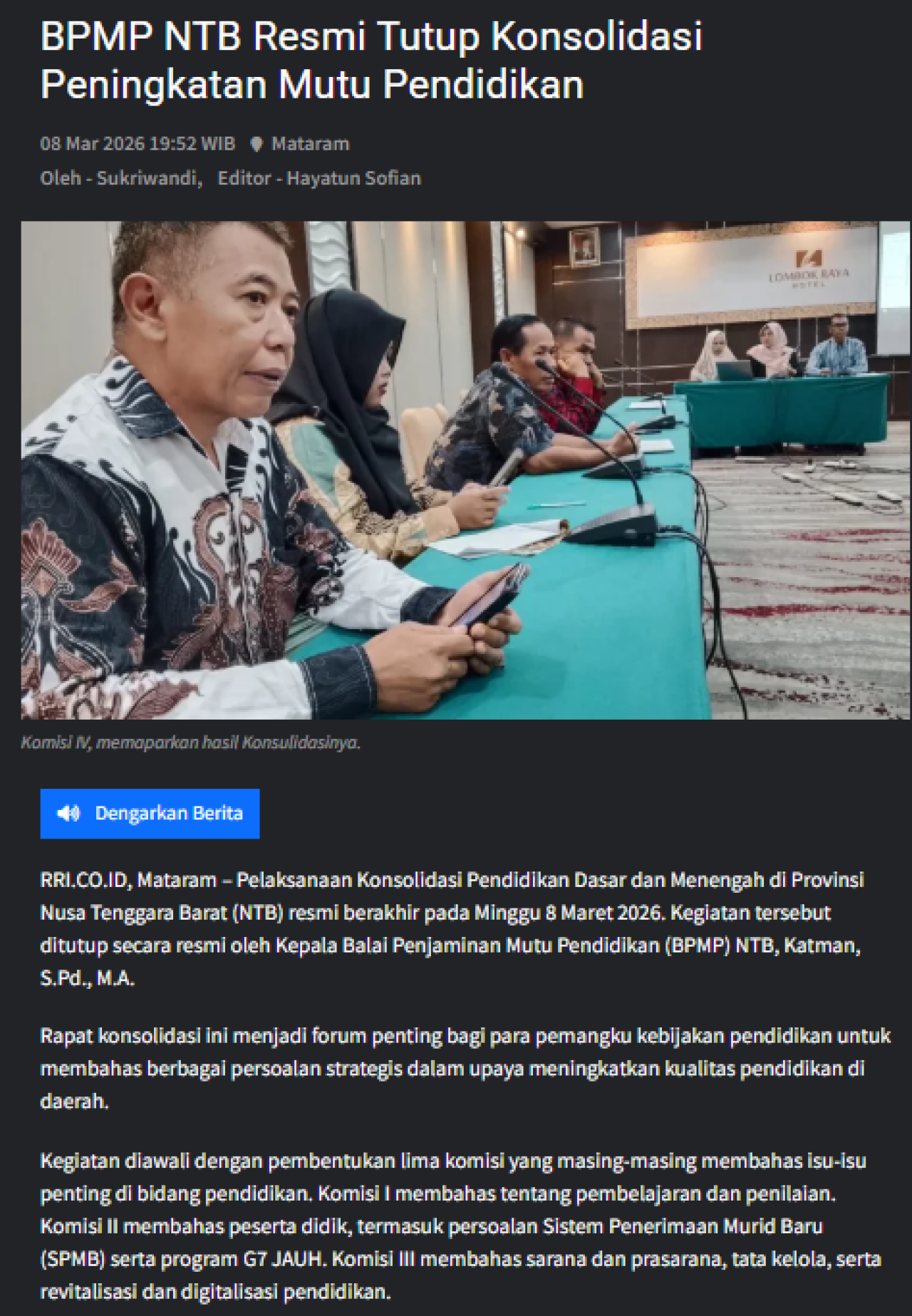 BPMP NTB Resmi Tutup Konsolidasi Peningkatan Mutu Pendidikan