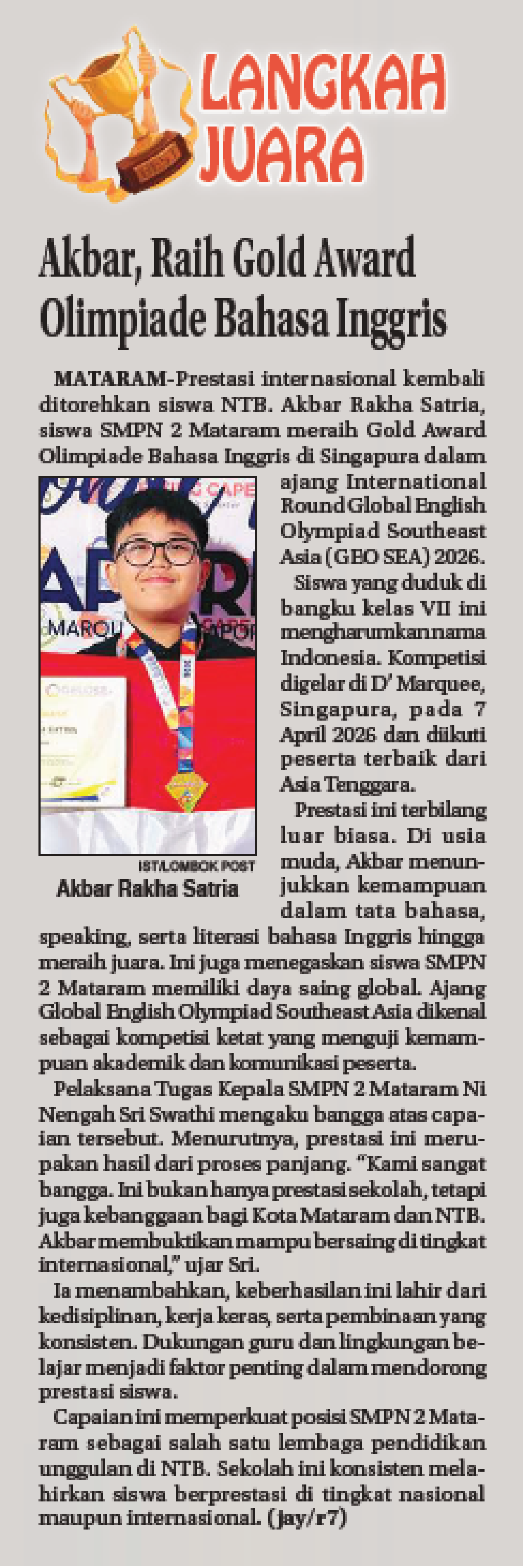 Akbar, Raih Gold Award Olimpiade Bahasa Inggris